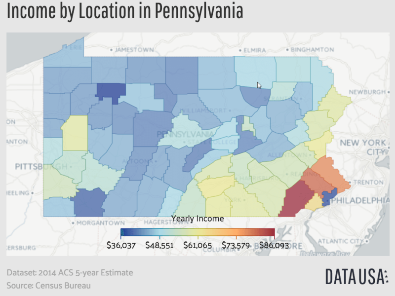 This economic PA County map shows that a franchise in the Philadelphia area would be potentially profitable.